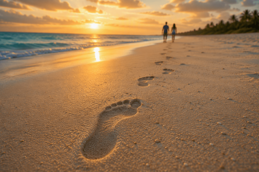 two people walking down the beach at sunrise with a footprint in the foreground